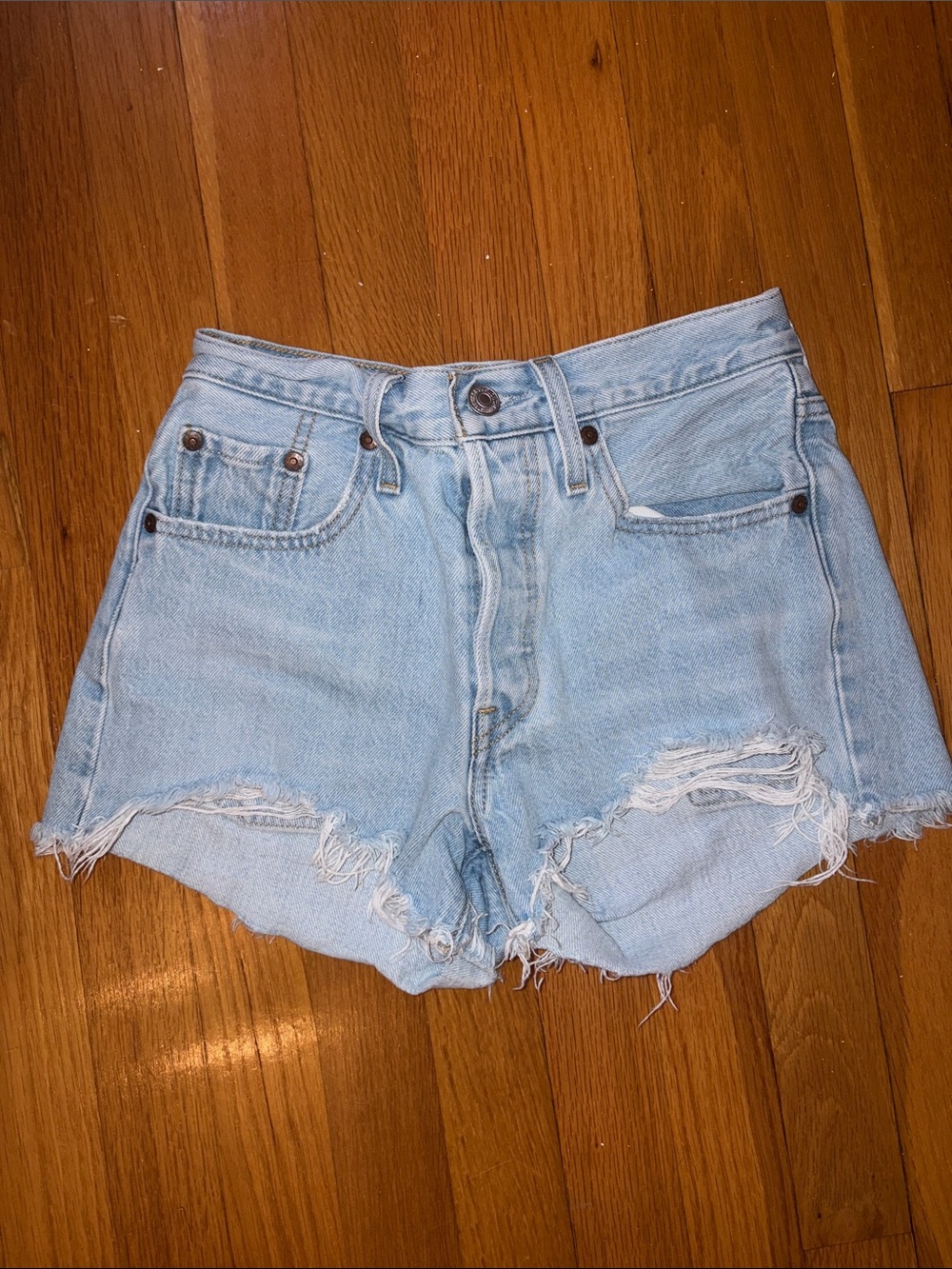 Levi's Light Blue Distressed High-Rise Denim Shorts